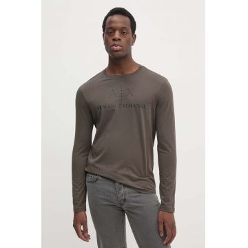 Armani Exchange longsleeve din bumbac culoarea maro, cu imprimeu