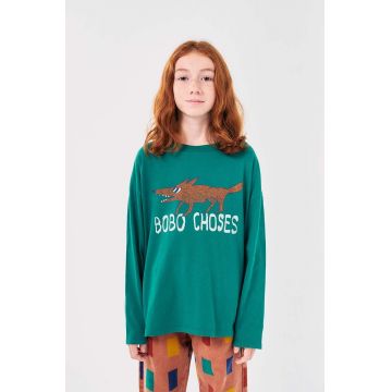 Bobo Choses longsleeve din bumbac pentru copii The Clever Fox culoarea verde, cu imprimeu, 224AC019