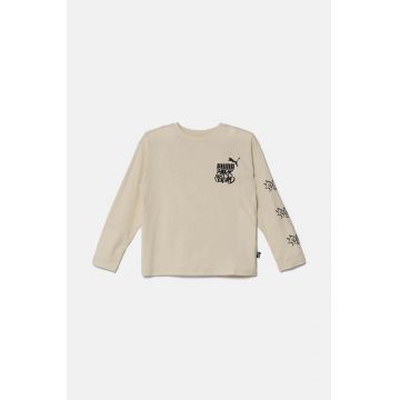 Puma longsleeve din bumbac pentru copii ESS+ MID 90s LS Tee culoarea bej, cu imprimeu, 681876