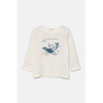 United Colors of Benetton longsleeve din bumbac pentru bebeluși culoarea bej, cu imprimeu, 3ATNA1055