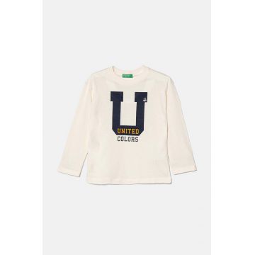 United Colors of Benetton longsleeve din bumbac pentru copii culoarea bej, cu imprimeu, 3096G10FM