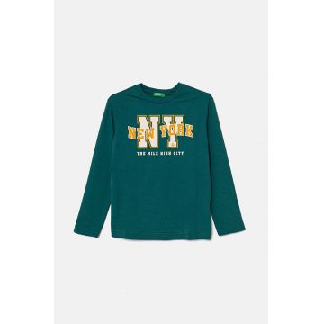 United Colors of Benetton longsleeve din bumbac pentru copii culoarea verde, cu imprimeu, 3096C10LF