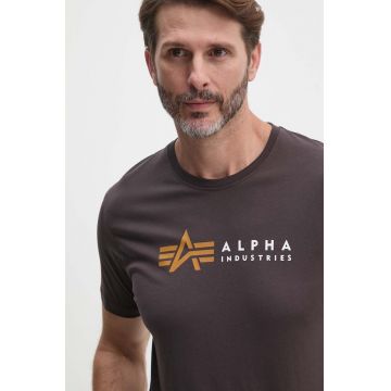 Alpha Industries tricou din bumbac Label barbati, culoarea maro, cu imprimeu, 118502