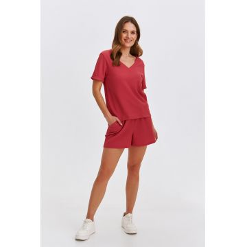 Tricou cu decolteu in V - maneci rulate si aspect texturat