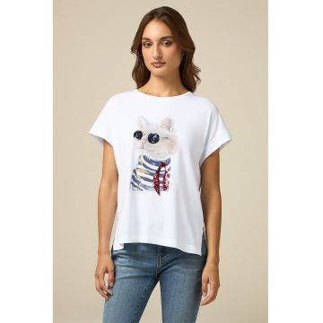 Tricou de bumbac cu imprimeu si paiete