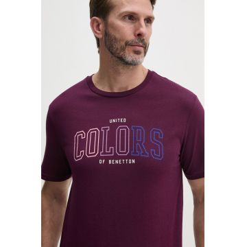 United Colors of Benetton tricou din bumbac barbati, culoarea violet, cu imprimeu, 3I1XU1096