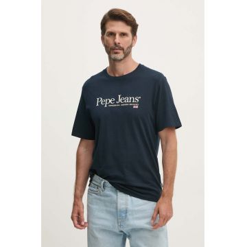 Pepe Jeans tricou din bumbac ALBERT barbati, culoarea albastru marin, cu imprimeu, PM509432