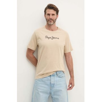 Pepe Jeans tricou din bumbac Eggo barbati, culoarea bej, cu imprimeu, PM508208