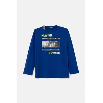 United Colors of Benetton longsleeve din bumbac pentru copii culoarea albastru marin, cu imprimeu, 3I1XC10K1