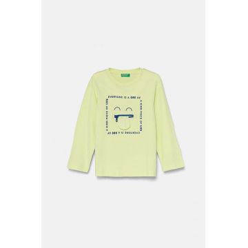 United Colors of Benetton longsleeve din bumbac pentru copii culoarea turcoaz, cu imprimeu, 3I1XG10FP