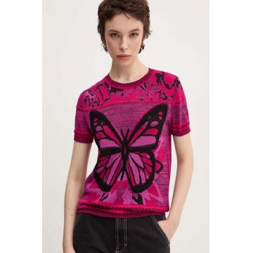 Desigual tricou BUTTERFLY femei, culoarea roz, 24WWTK08