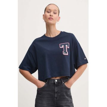 Tommy Jeans tricou din bumbac femei, culoarea albastru marin, DW0DW18656