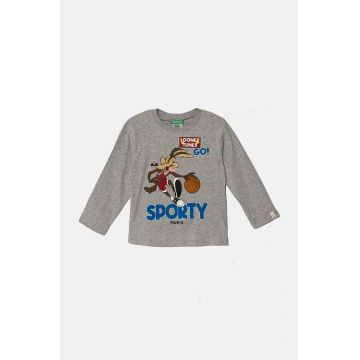 United Colors of Benetton longsleeve din bumbac pentru copii x Looney Tunes culoarea gri, cu imprimeu, 3ATNG10GY