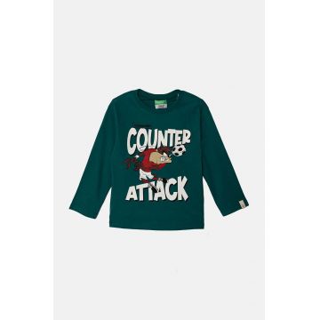 United Colors of Benetton longsleeve din bumbac pentru copii x Looney Tunes culoarea verde, cu imprimeu, 3ATNG10GY