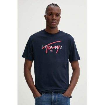 Tommy Jeans tricou din bumbac barbati, culoarea albastru marin, cu imprimeu, DM0DM19683