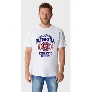 Tricou de bumbac cu imprimeu text si grafic si cu decolteu la baza gatului