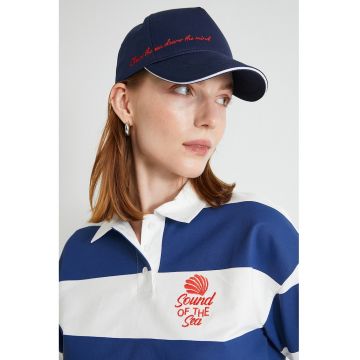 Tricou crop polo din bumbac cu model in dungi