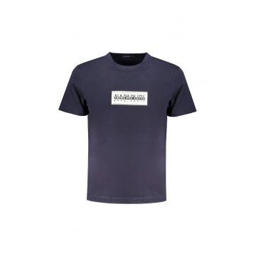 Tricou barbati cu decolteu la baza gatului cu imprimeu cu logo - Bleumarin inchis