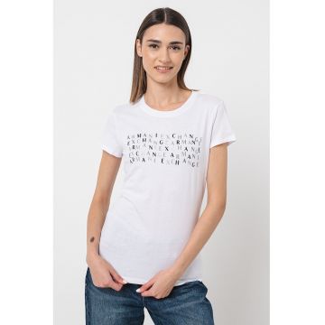 Tricou de bumbac cu decolteu rotund si logo