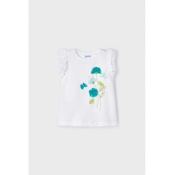 Tricou cu model floral si maneci cu volane