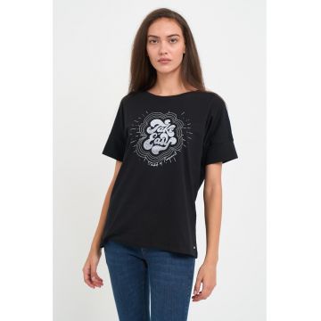 Tricou dama cu maneca scurta si imprimeu grafic - Negru