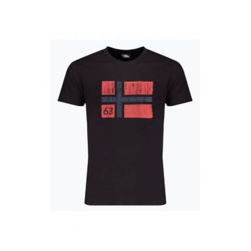 Tricou barbati cu decolteu la baza gatului si imprimeu cu logo - Negru -