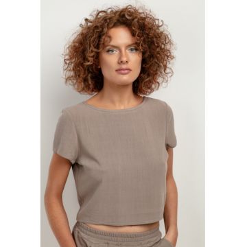 Tricou crop din amestec de in T401 bej