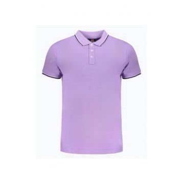 Tricou polo barbati cu logo si detalii contraste - din bumbac - Mov