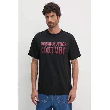 Versace Jeans Couture tricou din bumbac barbati, culoarea negru, cu imprimeu, 77GAHL00 CJ01L