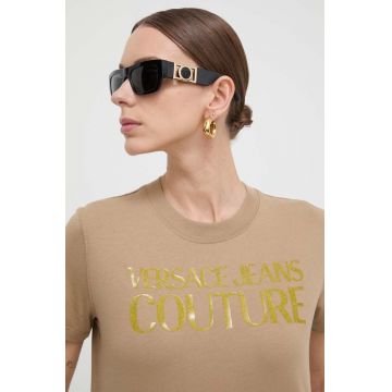 Versace Jeans Couture tricou din bumbac femei, culoarea bej