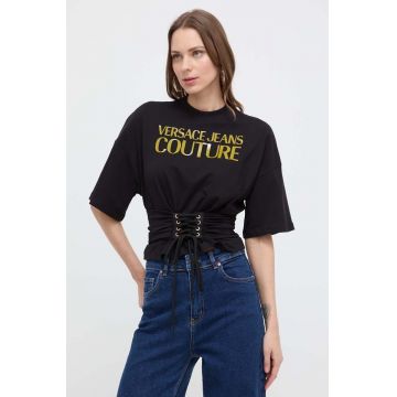 Versace Jeans Couture tricou din bumbac femei, culoarea negru