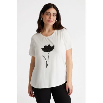 Tricou din amestec de modal cu detaliu floral