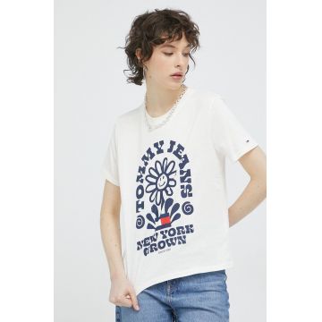 Tommy Jeans tricou din bumbac culoarea bej