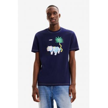 Desigual tricou din bumbac culoarea albastru marin, cu imprimeu