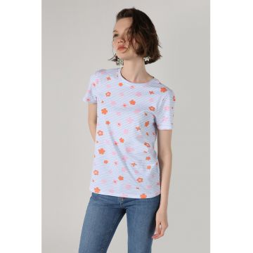 Tricou cu imprimeu floral si dungi