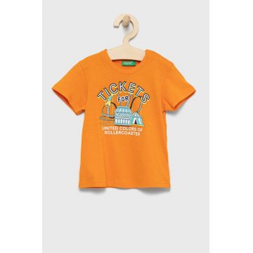 United Colors of Benetton tricou de bumbac pentru copii culoarea portocaliu, cu imprimeu