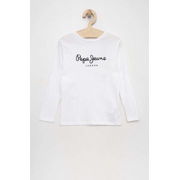 Pepe Jeans longsleeve din bumbac pentru copii New Herman culoarea alb, cu imprimeu