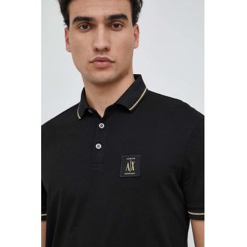 Armani Exchange polo de bumbac culoarea negru, cu imprimeu