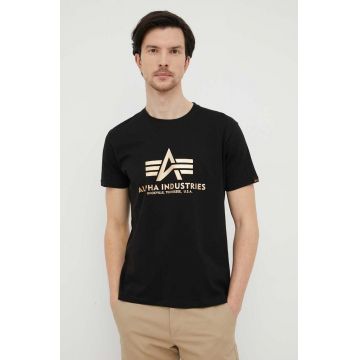 Alpha Industries tricou din bumbac Basic T-Shirt Foil Print culoarea negru, cu imprimeu 100501FP.583-BlackGold