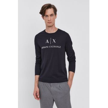 Armani Exchange longsleeve barbati, culoarea albastru marin, cu imprimeu