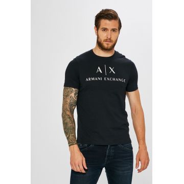 Armani Exchange tricou barbati, culoarea albastru marin, cu imprimeu