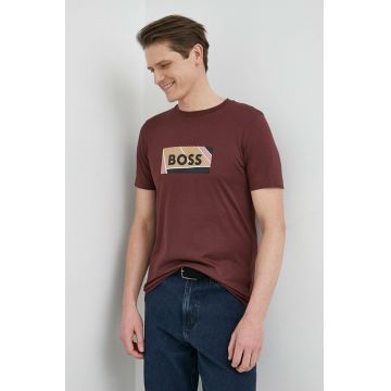 BOSS tricou din bumbac culoarea bordo, cu imprimeu