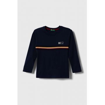 United Colors of Benetton longsleeve din bumbac pentru copii culoarea albastru marin, cu imprimeu