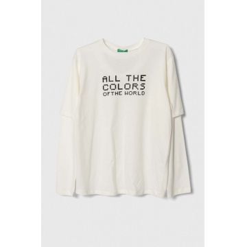 United Colors of Benetton longsleeve din bumbac pentru copii culoarea alb, cu imprimeu