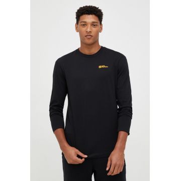 Jack Wolfskin longsleeve din bumbac Essential culoarea negru, neted