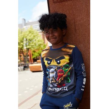 Lego longsleeve din bumbac pentru copii culoarea albastru marin, cu imprimeu