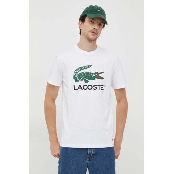 Lacoste tricou din bumbac culoarea alb, cu imprimeu