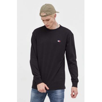 Tommy Jeans longsleeve din bumbac culoarea negru, cu imprimeu