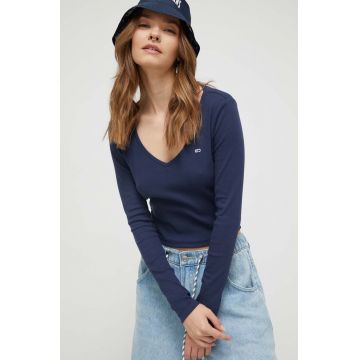 Tommy Jeans longsleeve femei, culoarea albastru marin