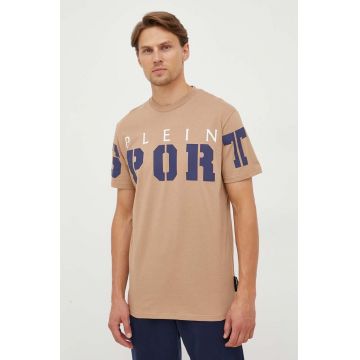 PLEIN SPORT tricou din bumbac culoarea bej, cu imprimeu